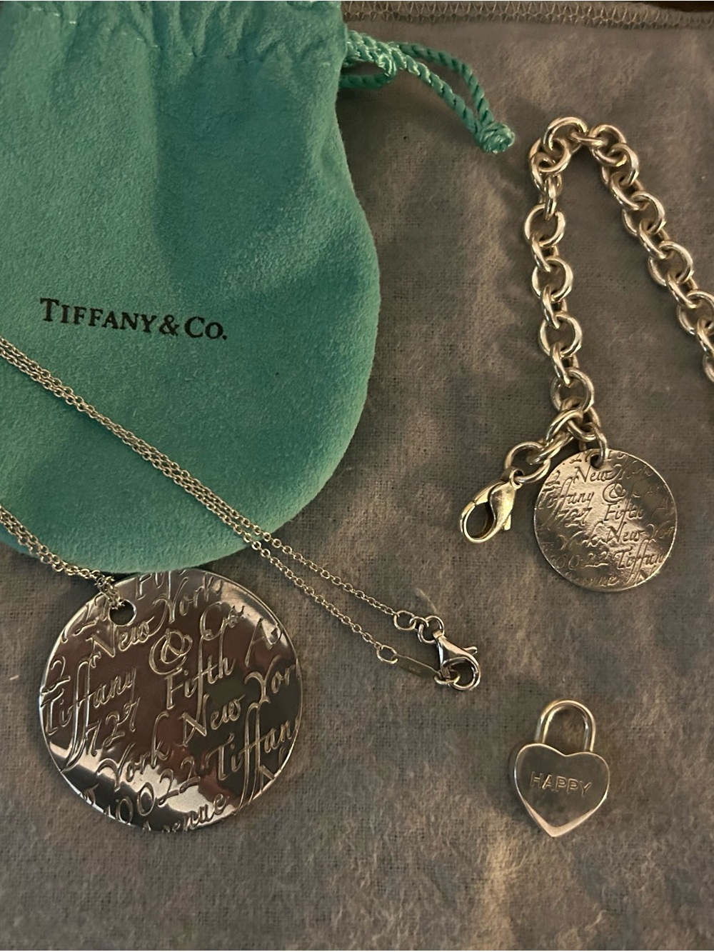 Tiffany & Co. Silver Engraved Disc Necklace & Charm Bracelet Set - Silver